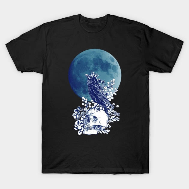 Blue raven and moon with skull and crow, skeleton eucaliptus leaves T-Shirt by Collagedream